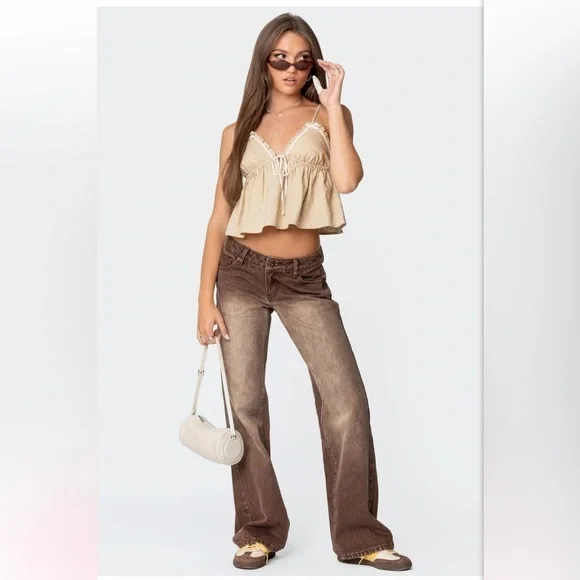 Edikted Brown Flare Wide Leg Jeans with Vintage Look NWT - Picture 2 of 8